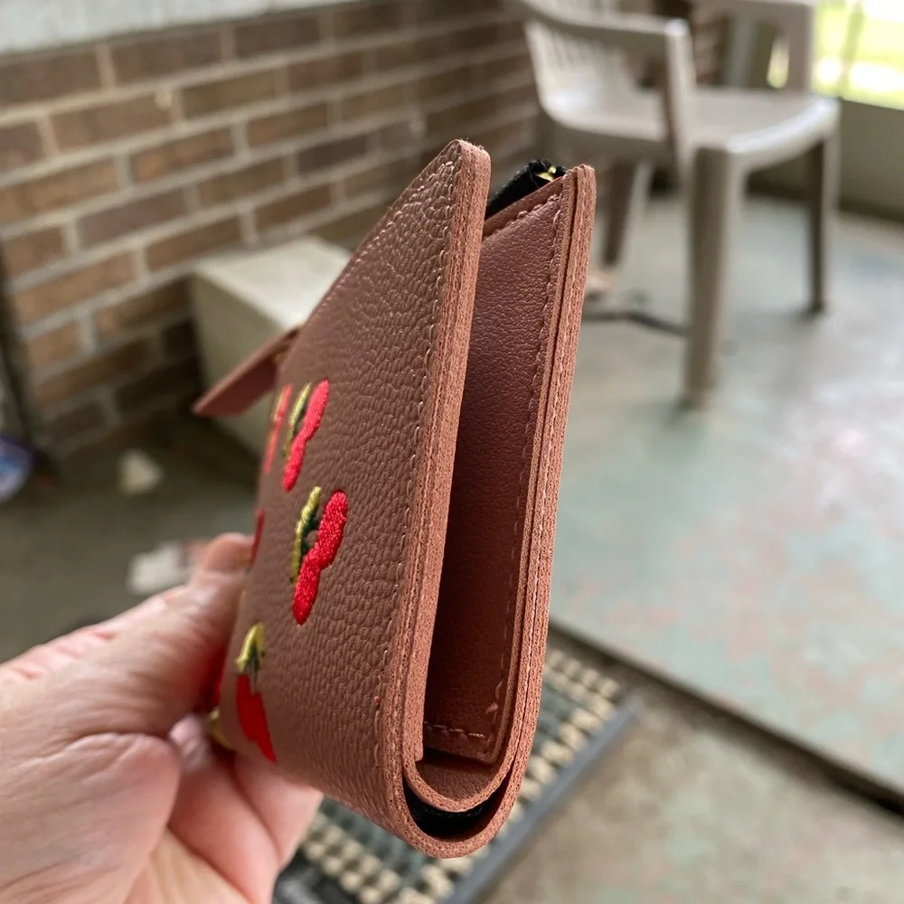 Brown and Red Leather Wallet with Whimsical Floral Design - Picture 3 of 7